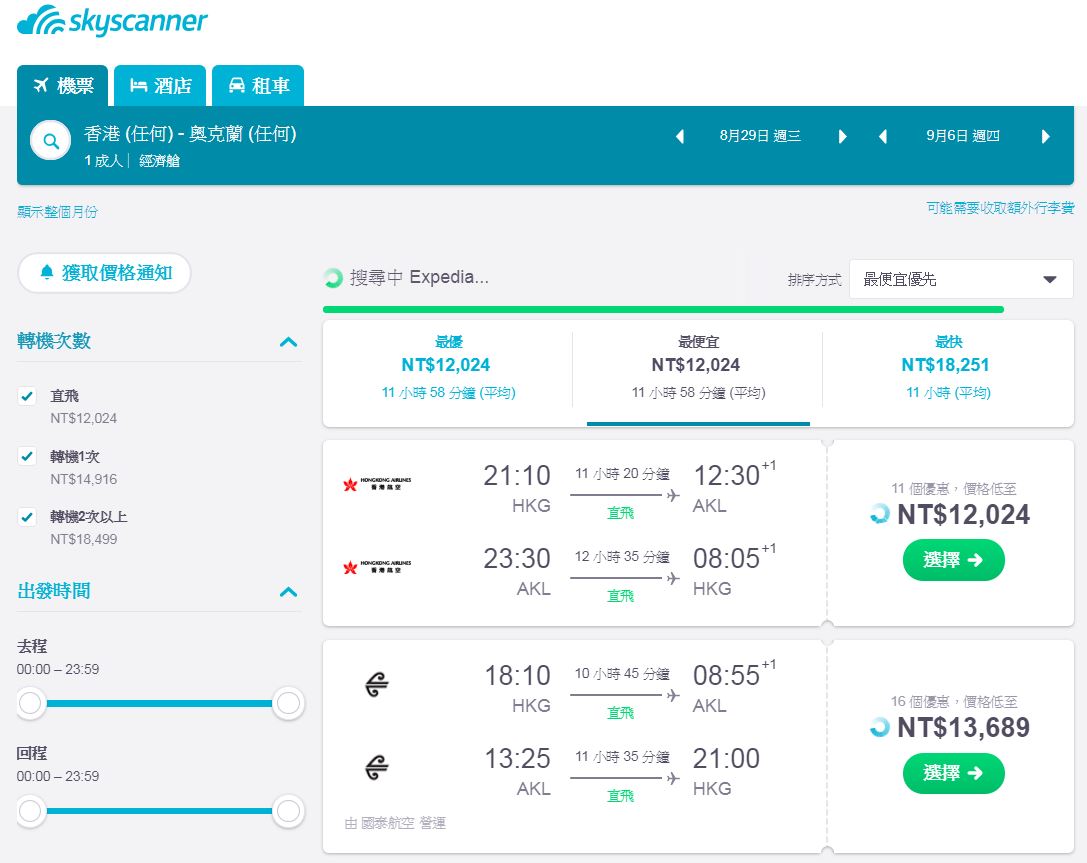 香港出發紐西蘭特價，最低12K，香港航空PK紐西蘭航空（查價：107.6.27）
