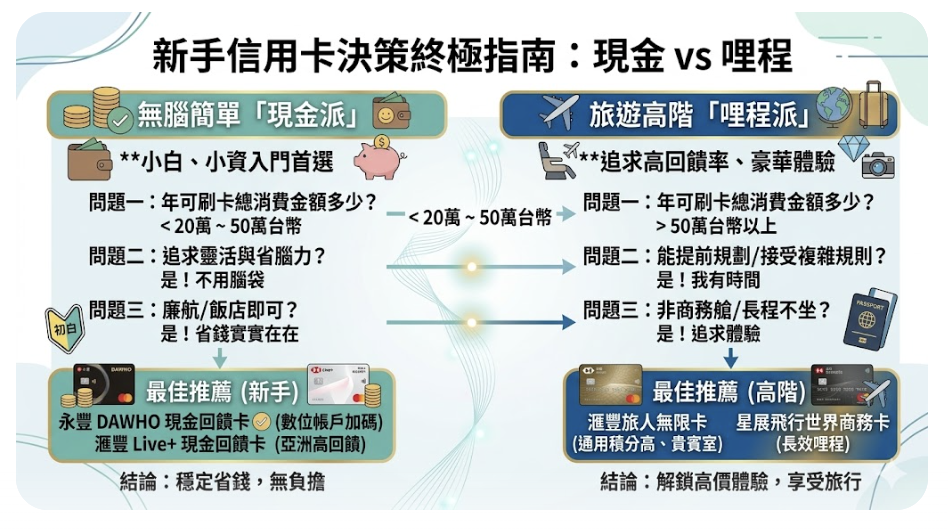 2026 信用卡終極指南（下）：三圖定乾坤！小白新手無腦「現金派」vs. 高階「哩程派」終極決策圖 @走走停停，小燈泡在旅行