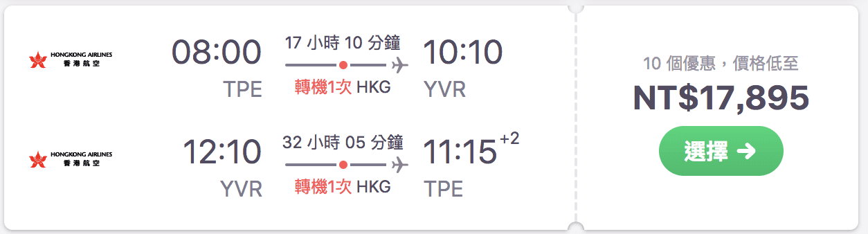 香港航空夏季特賣，台北經香港轉美洲、紐澳，15K起～（查票：107.5.14)