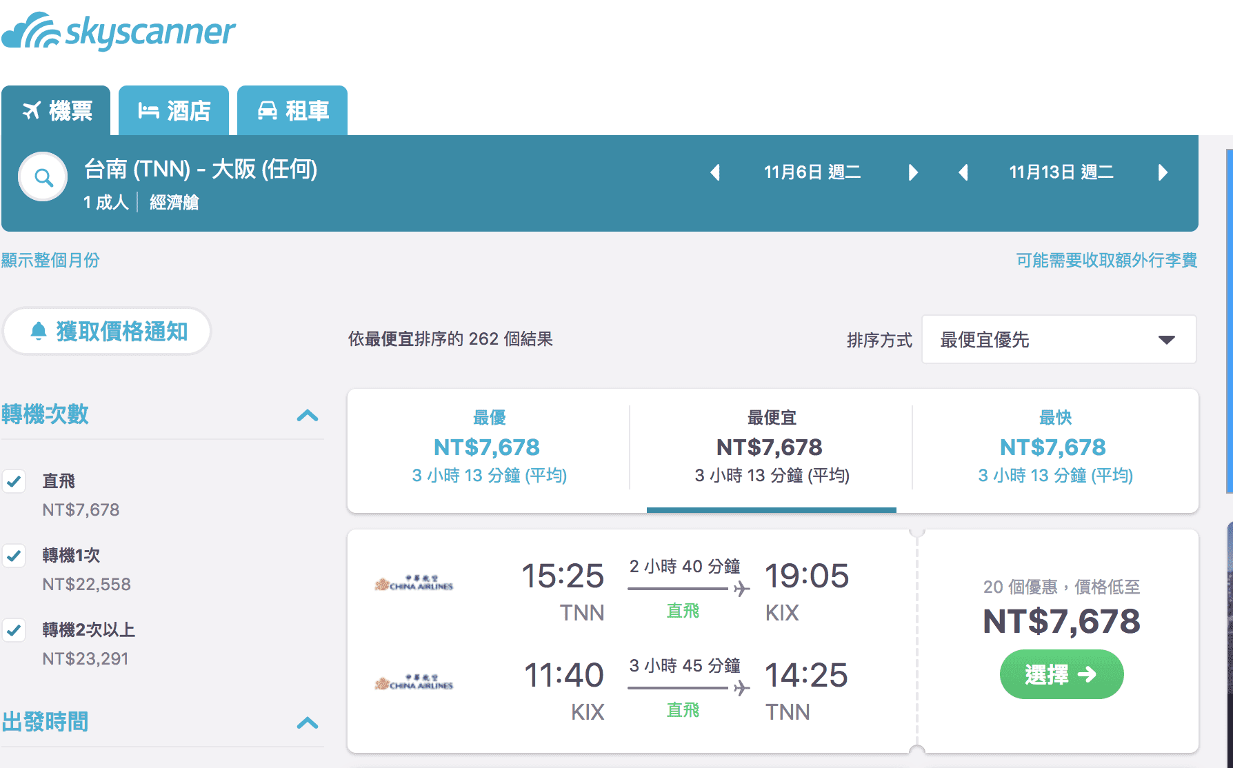 華航台南大阪特價，今年9月~明年4月，最低7.6K，不用再跑桃機囉！（查價：107.6.6）