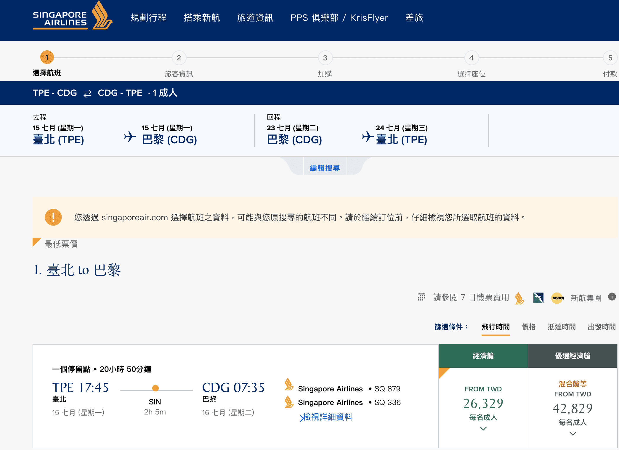 新加坡航空台北/巴黎持續特價中，暑假21K起跳～（查價：108.9.1）
