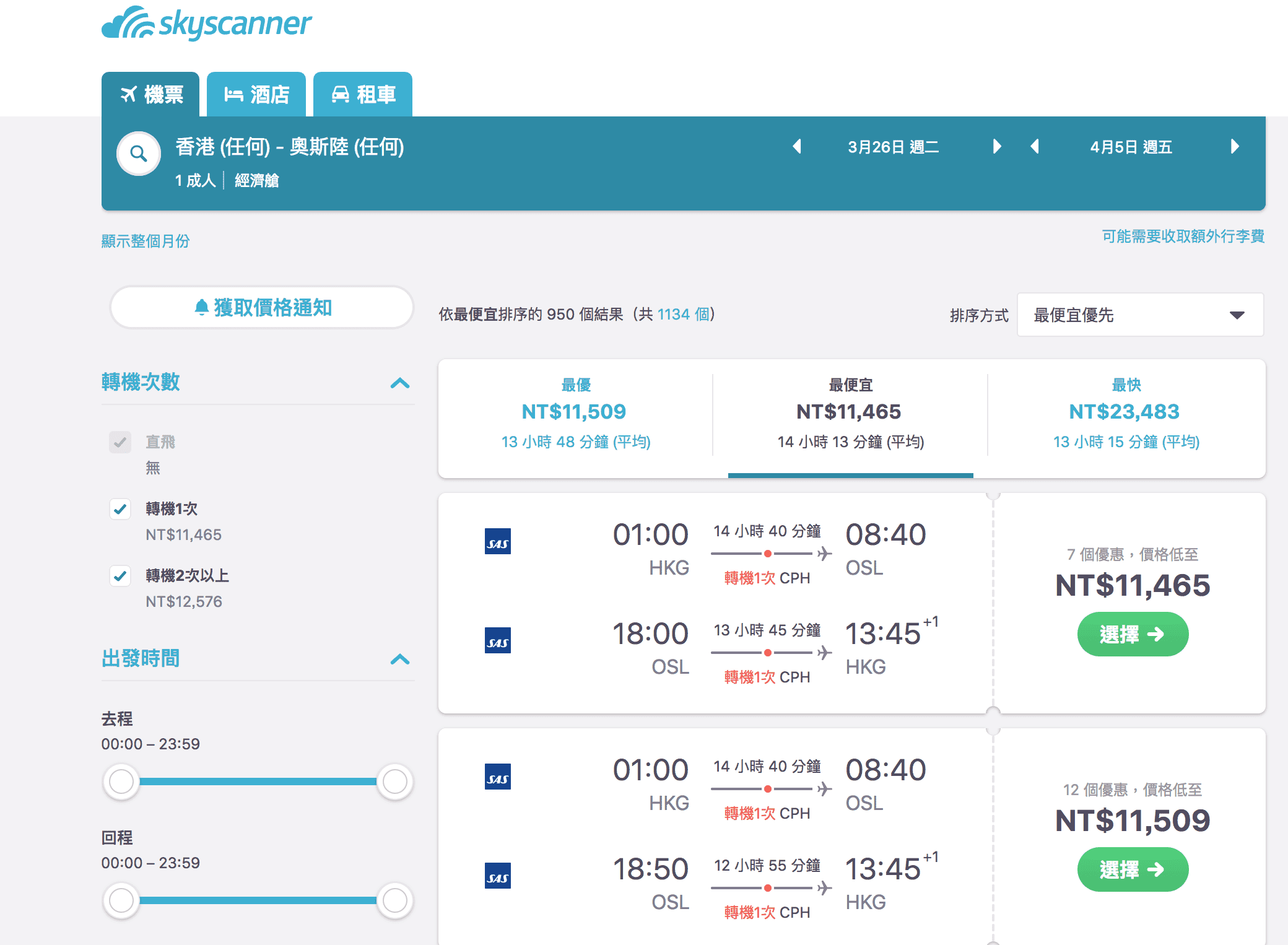 北歐航空外站超殺特價，香港北歐段最低11Ｋ起，冰島最低16K～極光我來了（查價：107.10.5）