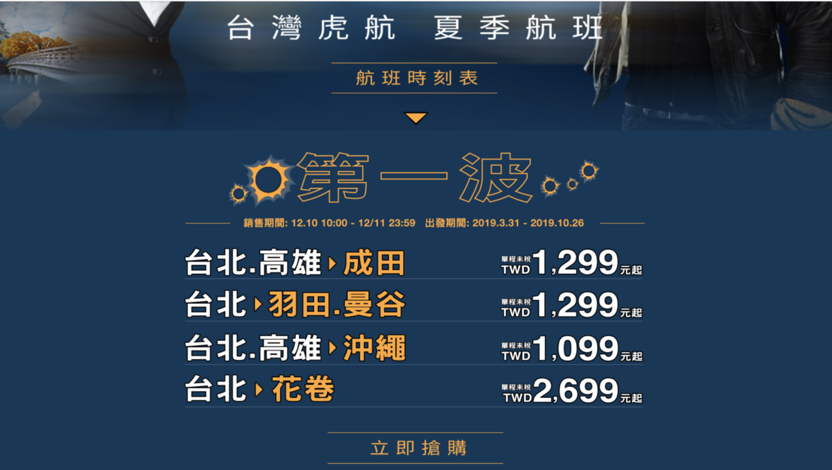 台灣虎航2019夏季航班開賣，2019/3/31-2019/10/26，買好一整年的美麗票價吧！