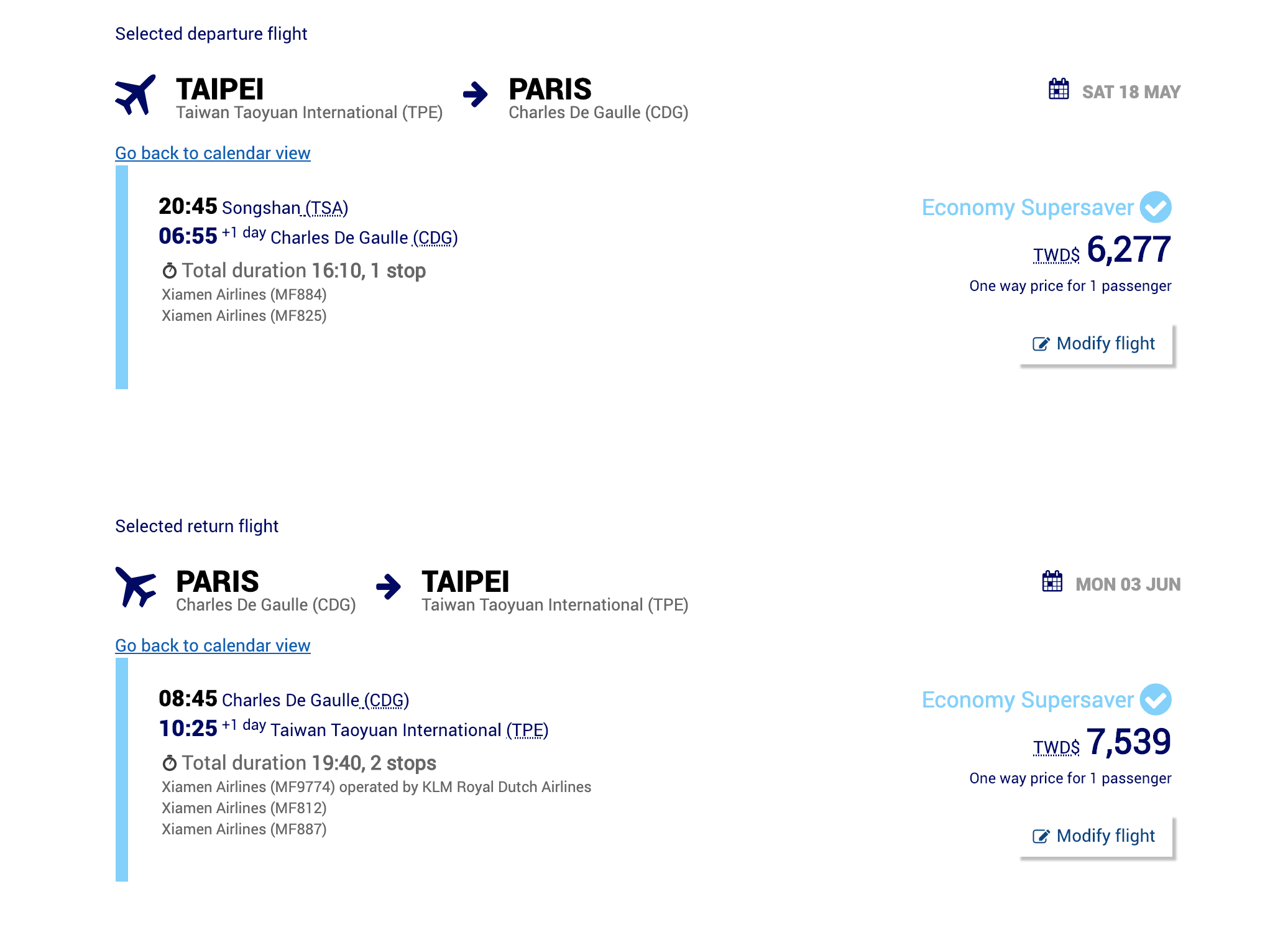 廈門航空無極限，五月、十月、十一月都有12~14K的巴黎/阿姆斯特丹來回票價（查票：108.1.17)