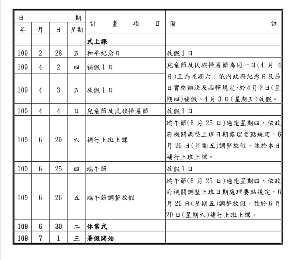 2026年行事曆/民國109年～110年中小學寒暑假/假期連假請假攻略預測～台北市中小學正式公佈108學年度行事曆（更新：2019.5.28）