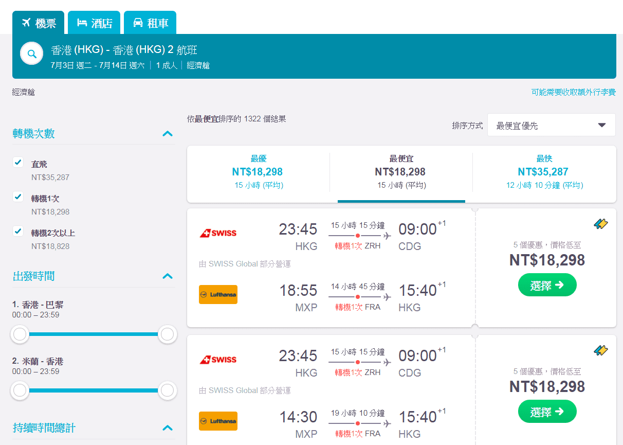 暑假歐洲便宜外站出發機票|香港出發來回或不同點來回都有，搭配香港航空特價~25K搞定!(查價時間:106.12.9)