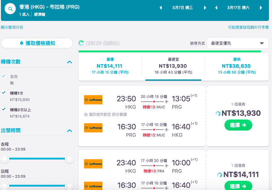 多家航空，外站香港出發歐洲超級大特價（查票時間：106.11.9），3~6月13K特惠價～