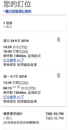 中華航空，台北巴黎直航航線/2018年4月16起，目前4~6月票價特價中～（查票日期：106.12.30)